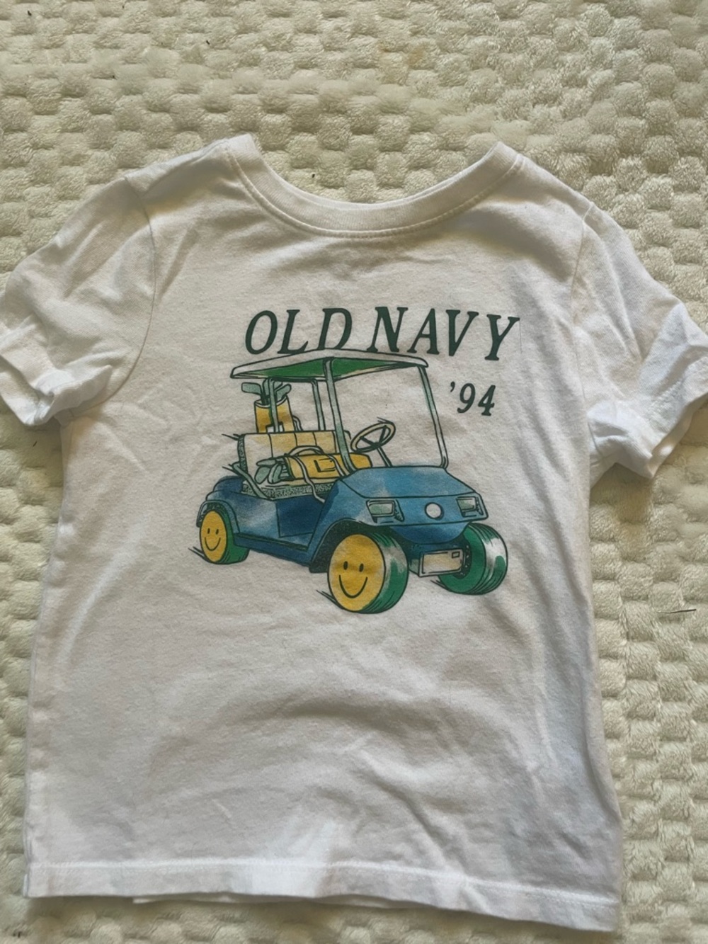 Old Navy White Kids' Golf Cart Graphic Tee with Yellow Smile Wheels